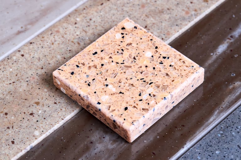 Porcelain stoneware and natural stone samples including granite, marble, quartz for countertops close up