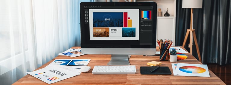 Creative color palette arranged on computer screen for graphic designer workspace