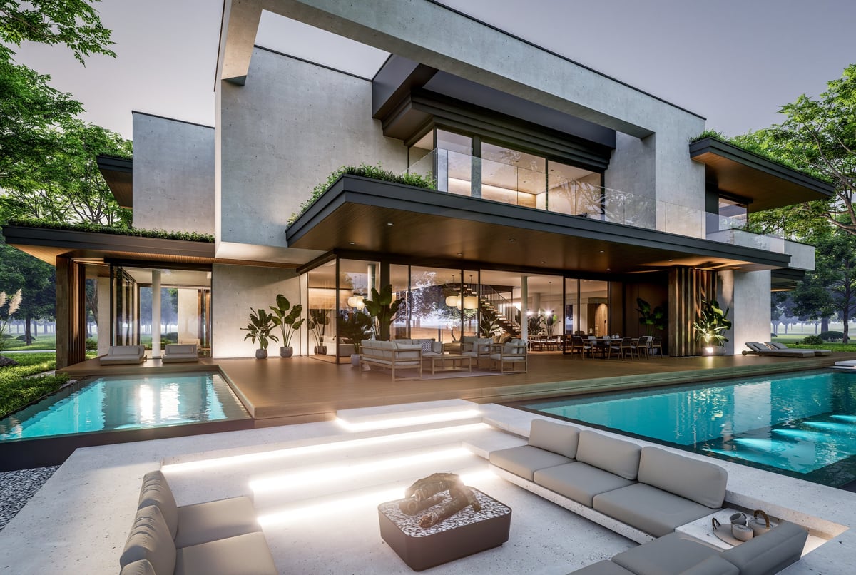 3d rendering of two-story house with parking and pool for sale or rent with concrete facade and beautiful landscaping on background
