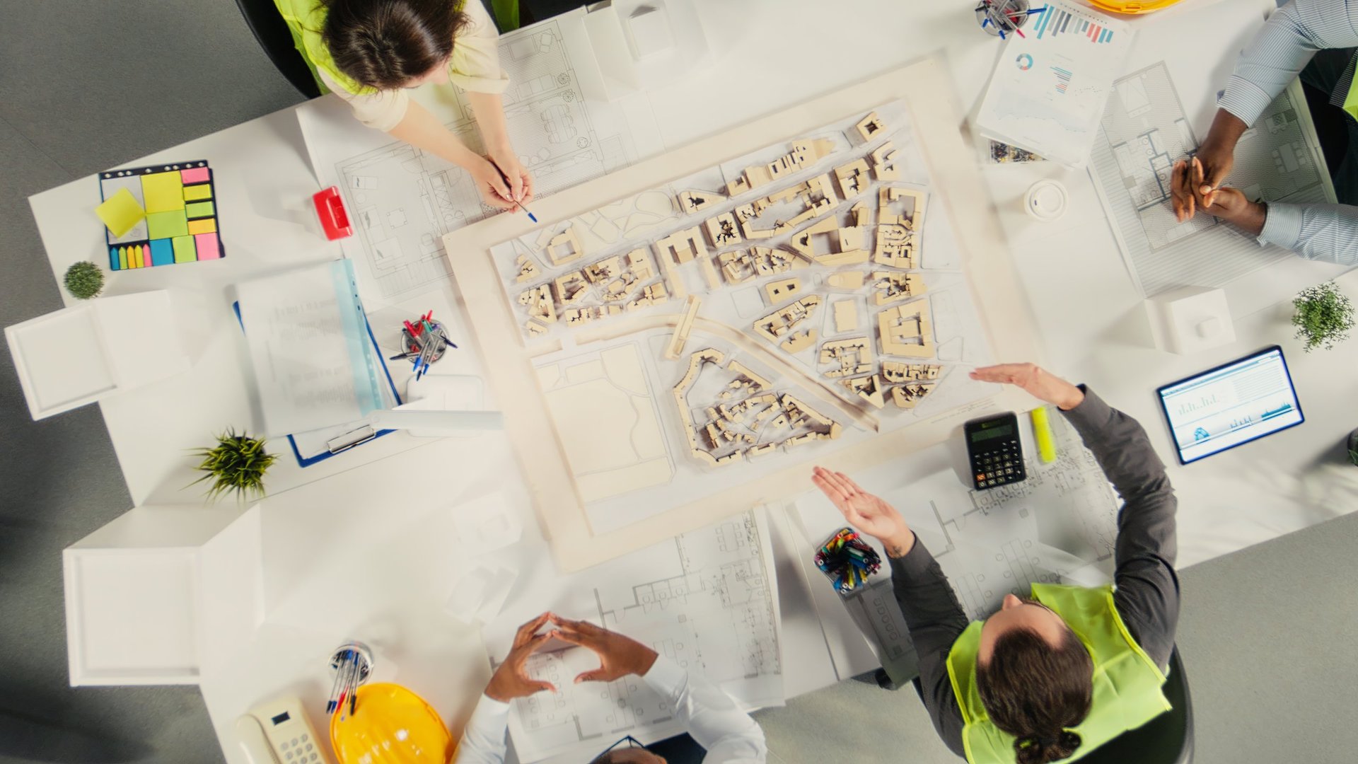 Top down view of architects and engineers collaborating on housing and city planning, teamwork and innovation in design