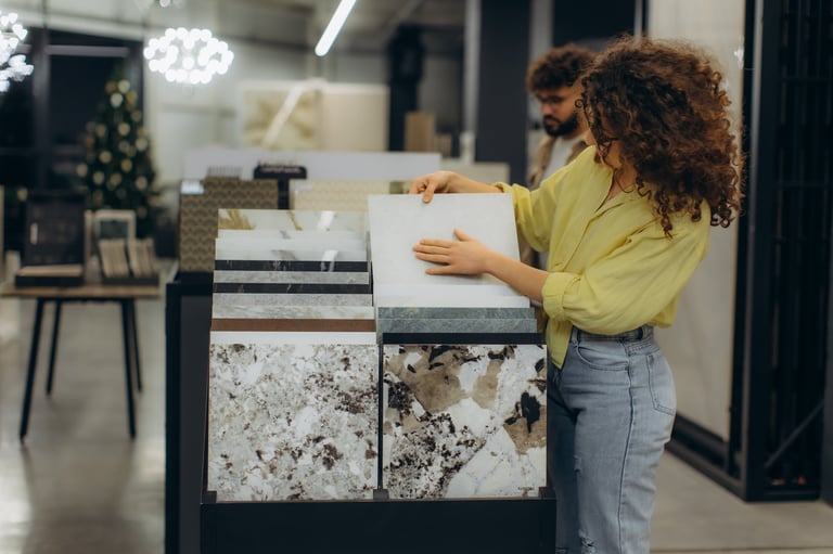 Woman carefully selecting materials in a showroom, touching sample tiles for new flooring or interior design renovation