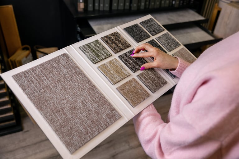 Woman choosing carpet tile design from samples book in flooring shop