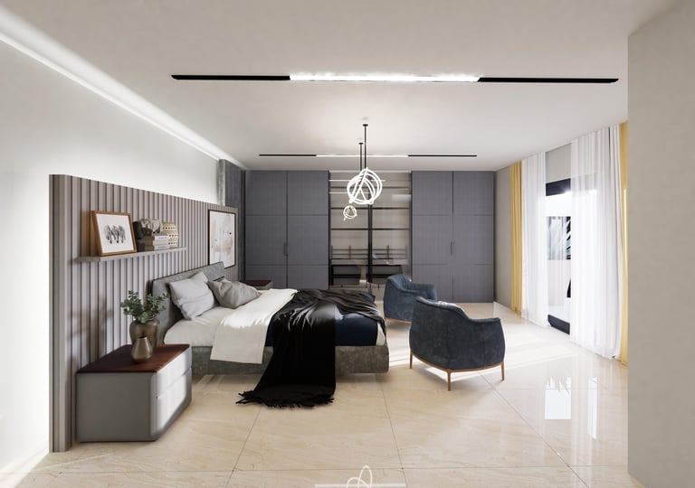 Modern bedroom interior with bed, gray wardrobe, armchair, pendant light, and light wood flooring