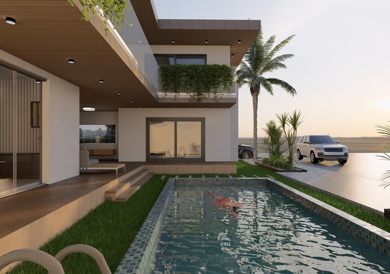 Modern house with lap pool, palm trees, green lawn, and parked car at dusk with ocean view