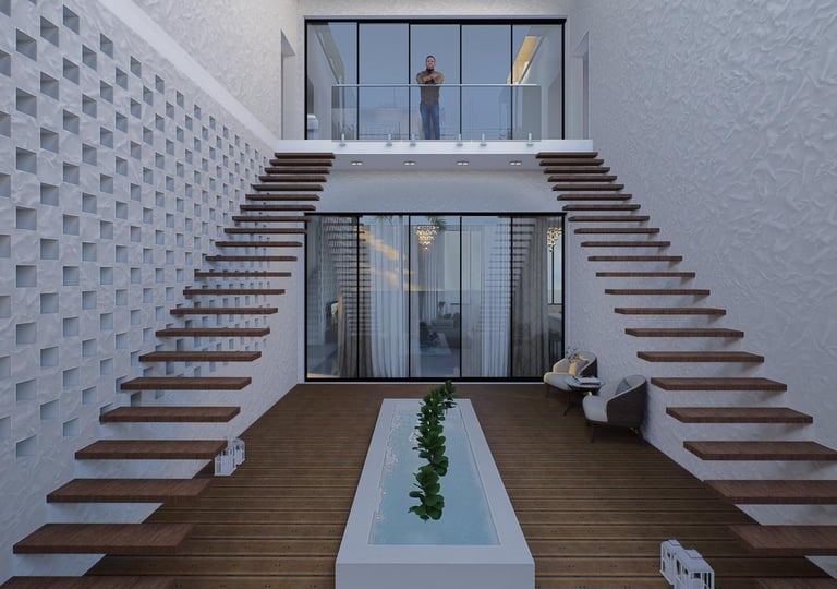 Escalier et pièce d'eau