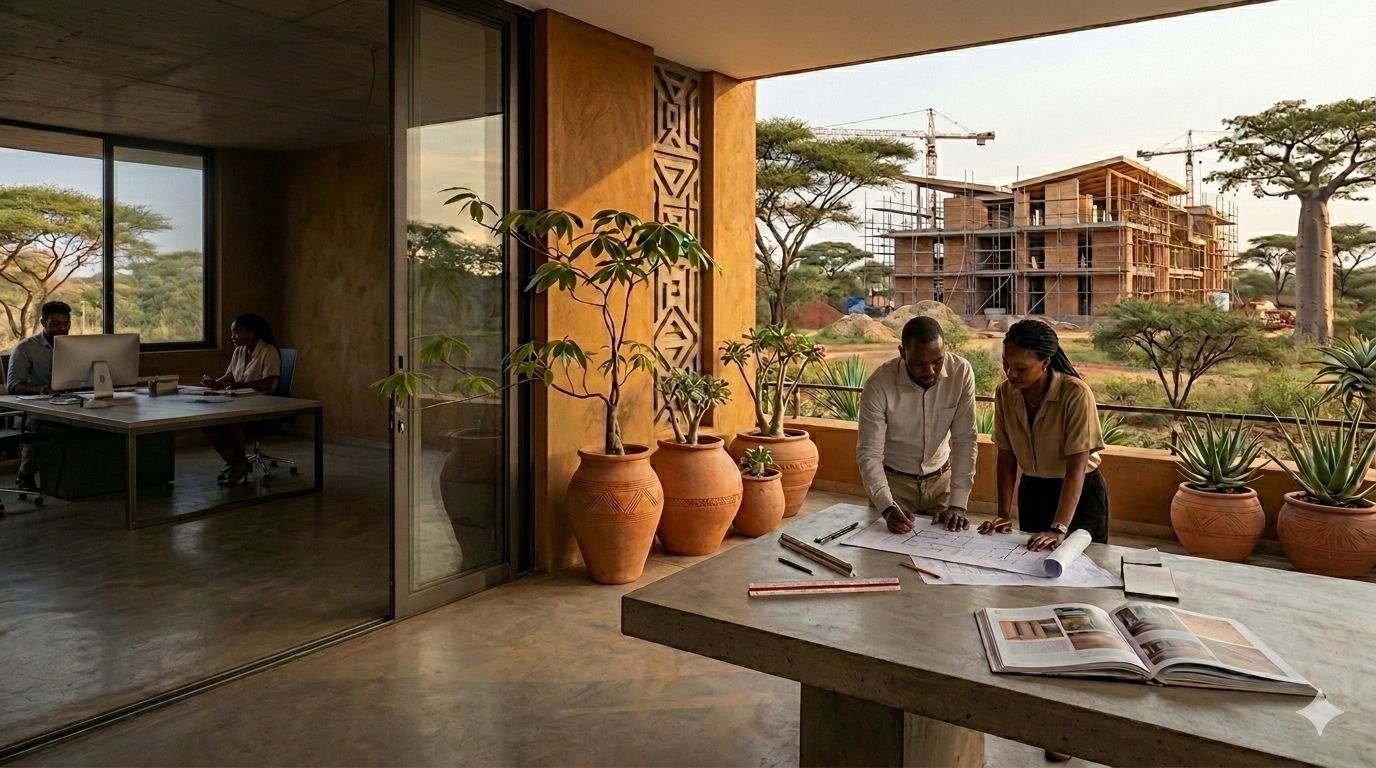 Two architects reviewing plans on a concrete table at a modern building site with terracotta pots and African savanna landscape in background