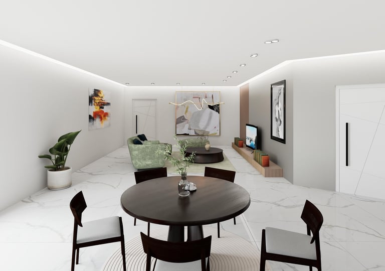 Modern dining area with round black table, black chairs, white marble flooring, potted plants, and minimalist wall decor in an open living space