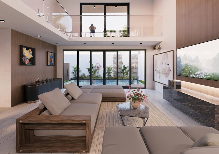Modern living room with high ceilings, large floor-to-ceiling windows, neutral furniture, wooden accents, and contemporary decor