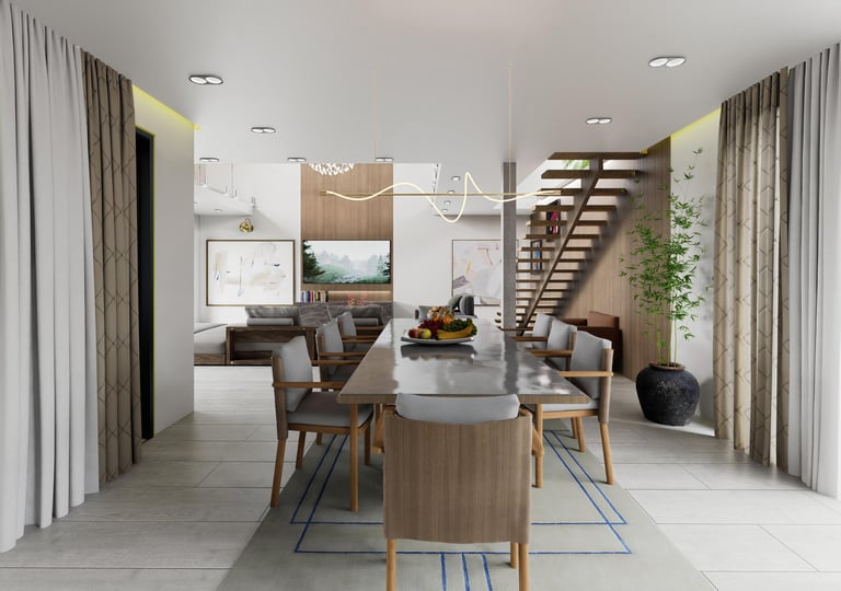 Modern open-concept dining area with wooden table, chairs, and contemporary home interior with seating, stairs, and natural light