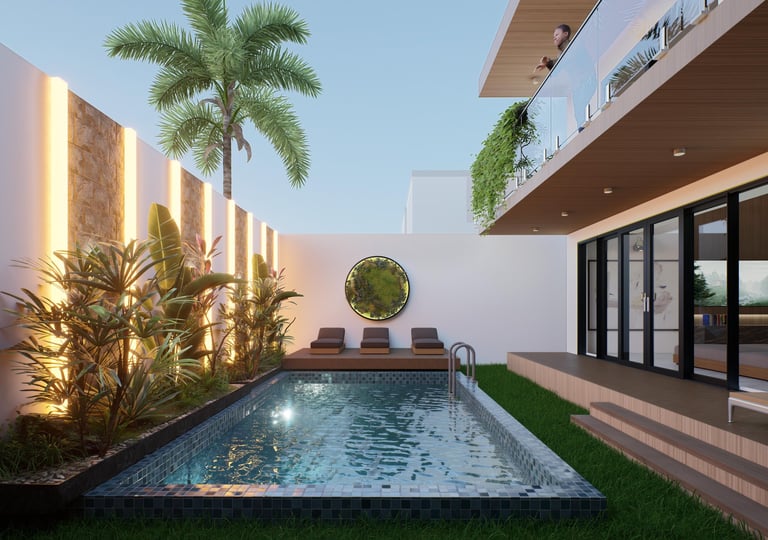 Modern home courtyard with narrow lap pool, tropical palms, lit accent walls, lounge chairs, and contemporary architecture at dusk